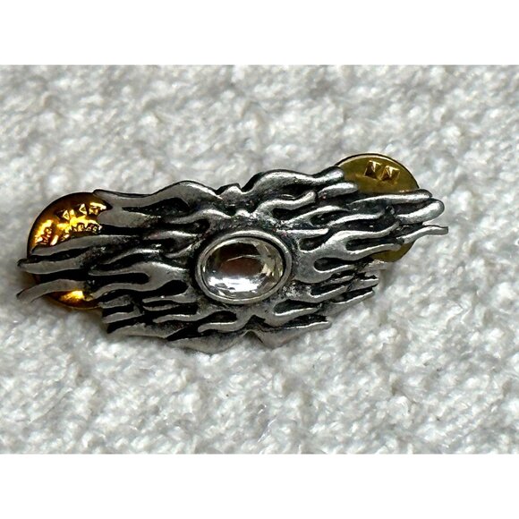 Flaming Sunburst Silver Tone Lapel Pin With Clear Gem Dual Clutches Motorcycle - Picture 1 of 6